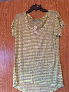 Maurices Neon Yellow & Gray Striped Scoop Neck Short Sleeve Top
